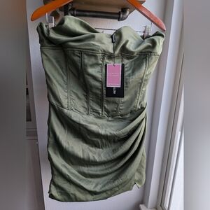PrettyLittleThing Sage Khaki Satin Corset Ruched Mini Dress - Missing Sleeves